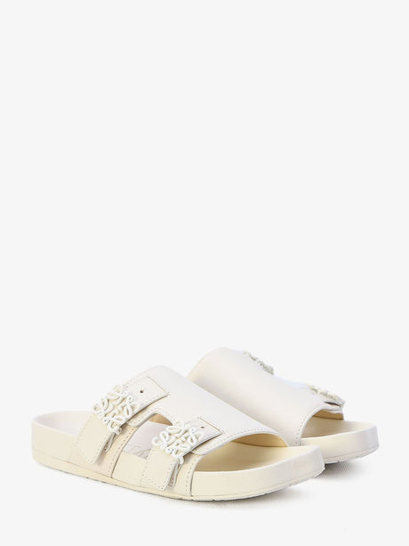 LOEWE White Leather Adjustable Strap Sandals with Anagram Buckles and Embossed Sole