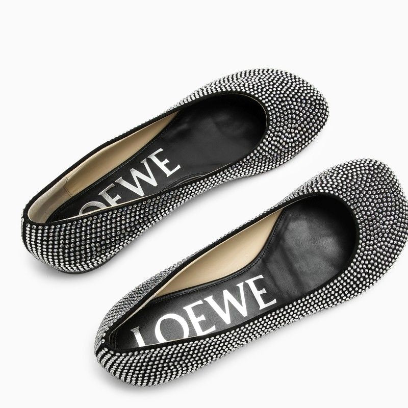 LOEWE Black Ballerina Leather Flats with Rhinestones for Women