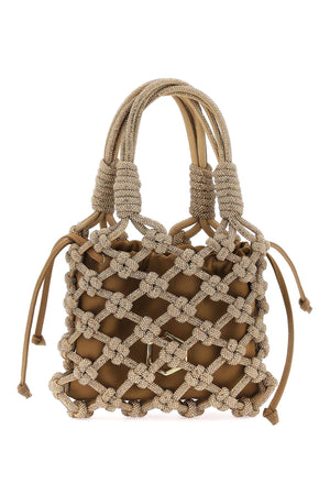 HIBOURAMA Woven Crystal Thread Handbag with Removable Pouch and Gold Monogram