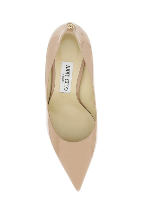 JIMMY CHOO Neutral Patent Leather Pumps with Gold-Tone Monogram Detail for Women