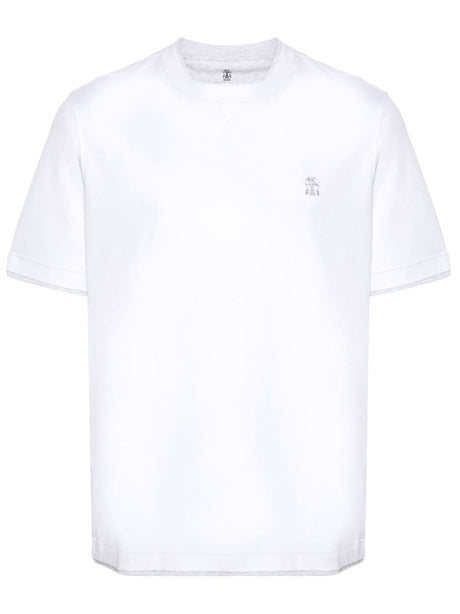 BRUNELLO CUCINELLI Embroidered White Cotton Crew Neck T-Shirt