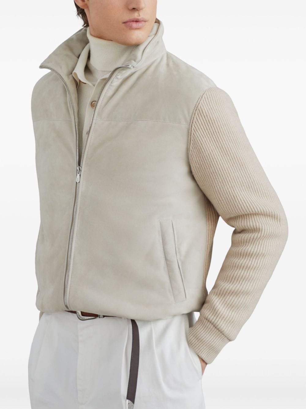 BRUNELLO CUCINELLI Elegant Beige Leather Bomber Jacket