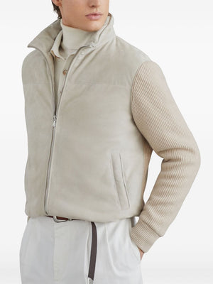 BRUNELLO CUCINELLI Elegant Beige Leather Bomber Jacket