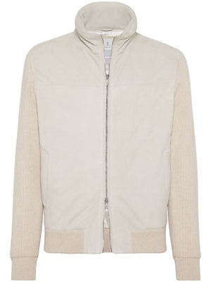 BRUNELLO CUCINELLI Elegant Beige Leather Bomber Jacket