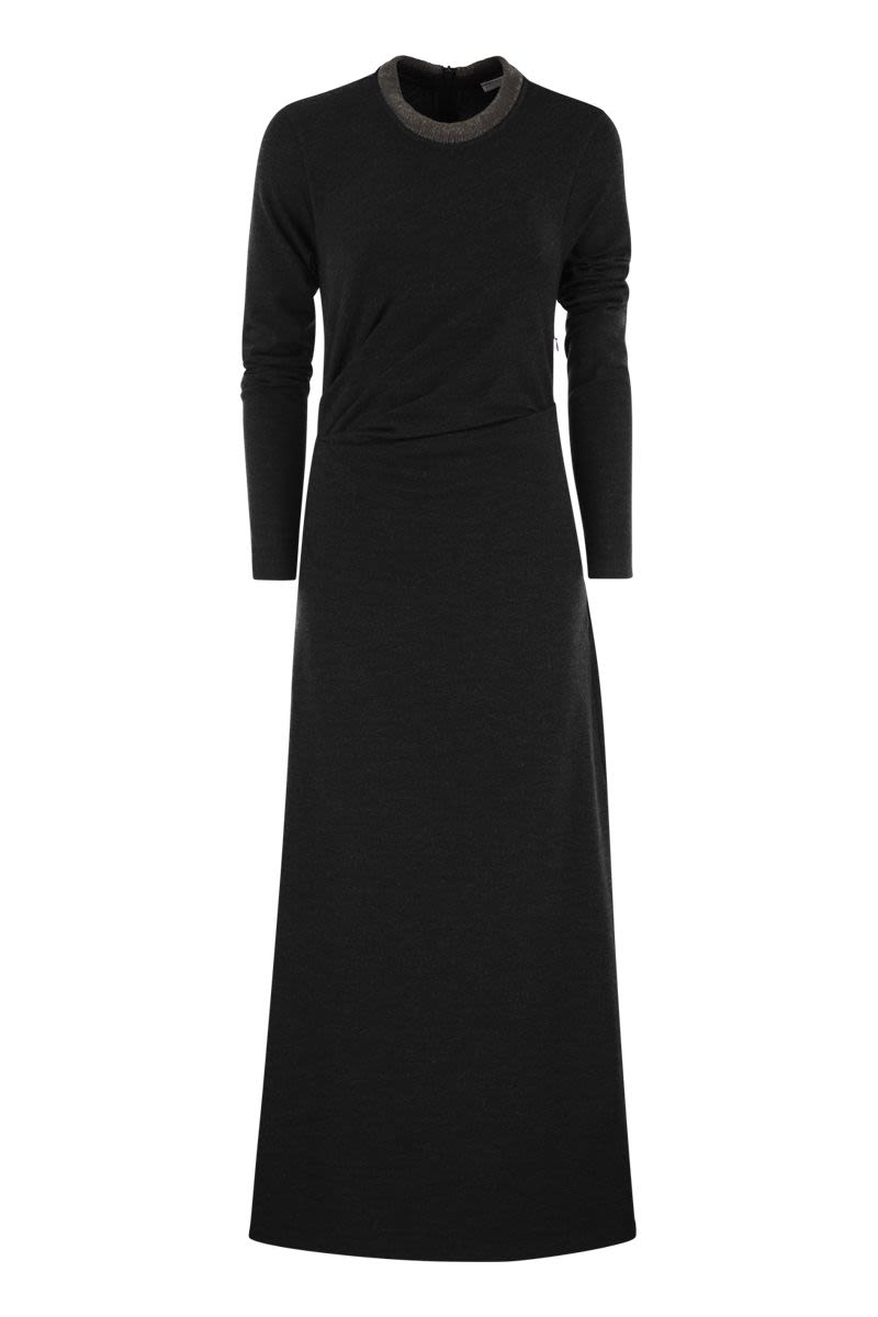 BRUNELLO CUCINELLI Elegant Draped Stretch Wool Dress with Jewel-Embellished Collar