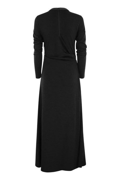 BRUNELLO CUCINELLI Elegant Draped Stretch Wool Dress with Jewel-Embellished Collar