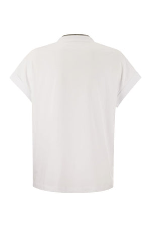 BRUNELLO CUCINELLI Stretch Cotton T-Shirt with Precious Neckline for Women - V-Neckline, Riveted Hem, Nickle-Free Jewel Decoration