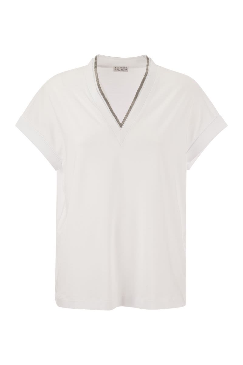 BRUNELLO CUCINELLI Women's Stretch Cotton V-Neck T-Shirt with Jewel Detail