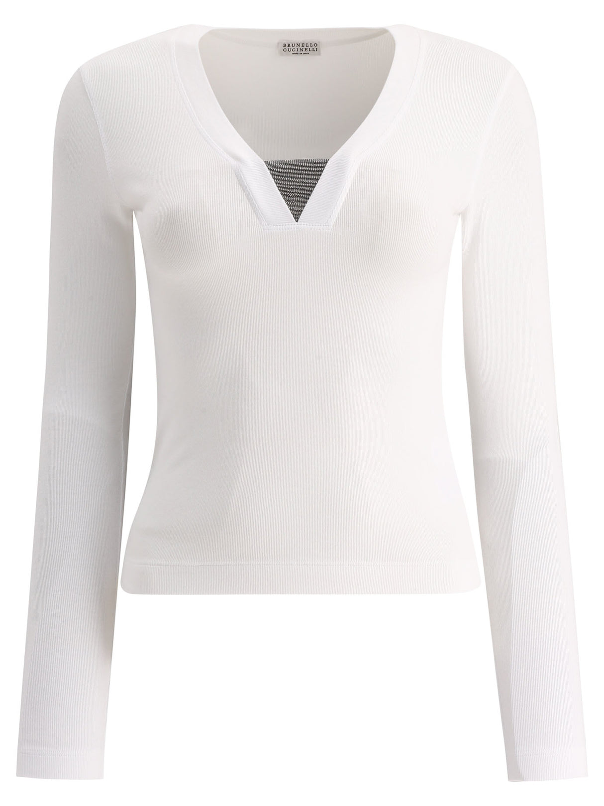 BRUNELLO CUCINELLI Elegant White V-Neck T-Shirt with Nickel-Free Monili Decoration and Regular Fit for Women