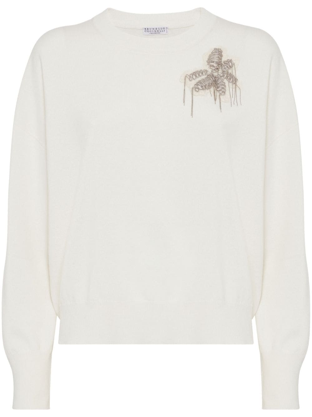 BRUNELLO CUCINELLI Floral Embroidered Cashmere Sweater with Signature Chain Detail