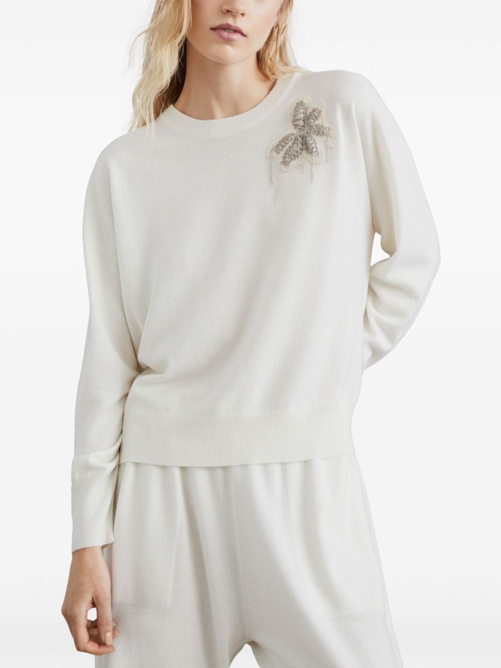 BRUNELLO CUCINELLI Floral Embroidered Cashmere Sweater with Signature Chain Detail