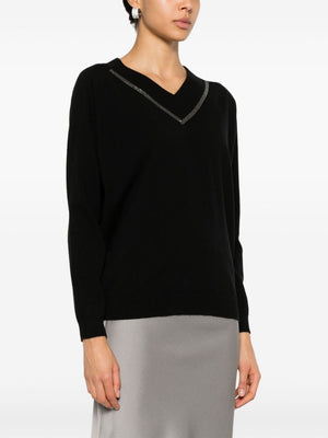 BRUNELLO CUCINELLI Elegant Black Cashmere V-Neck Sweater with Monili Detail