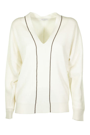 Áo len V-Neck đính Monili trang nhã hiện đại màu trắng
