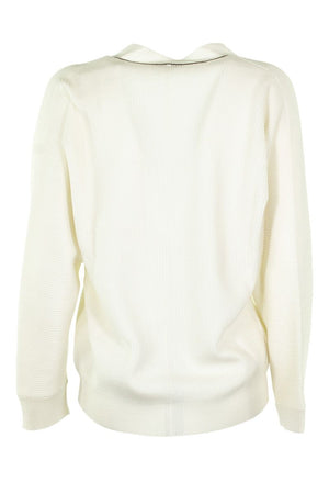 BRUNELLO CUCINELLI White Cashmere V-Neck Sweater with Monili Embellishments