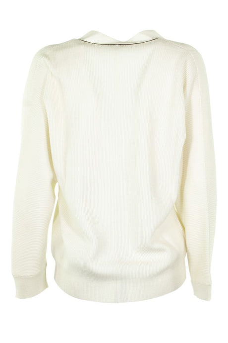 BRUNELLO CUCINELLI White Cashmere V-Neck Sweater with Monili Embellishments