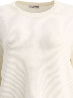 BRUNELLO CUCINELLI White Cashmere Ribbed Sweater with Monili Decoration for Women