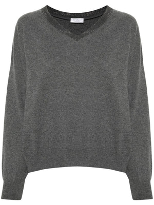 BRUNELLO CUCINELLI Luxurious Anthracite Grey Cashmere V-Neck Sweater