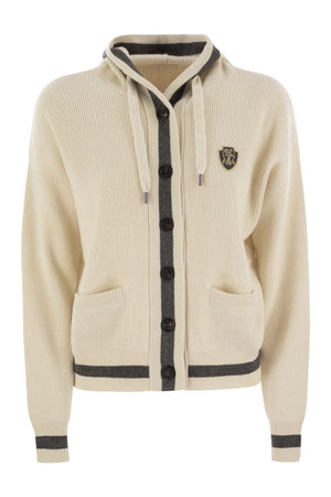 BRUNELLO CUCINELLI Luxury Cashmere Hooded Cardigan with Embroidered Crest