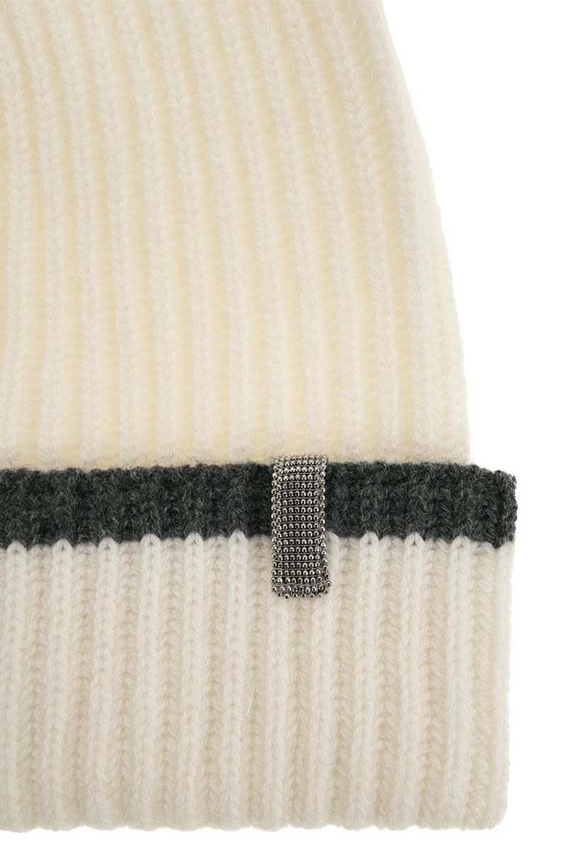 BRUNELLO CUCINELLI Ribbed Cashmere Knit Papalina with Jewel Embellishment