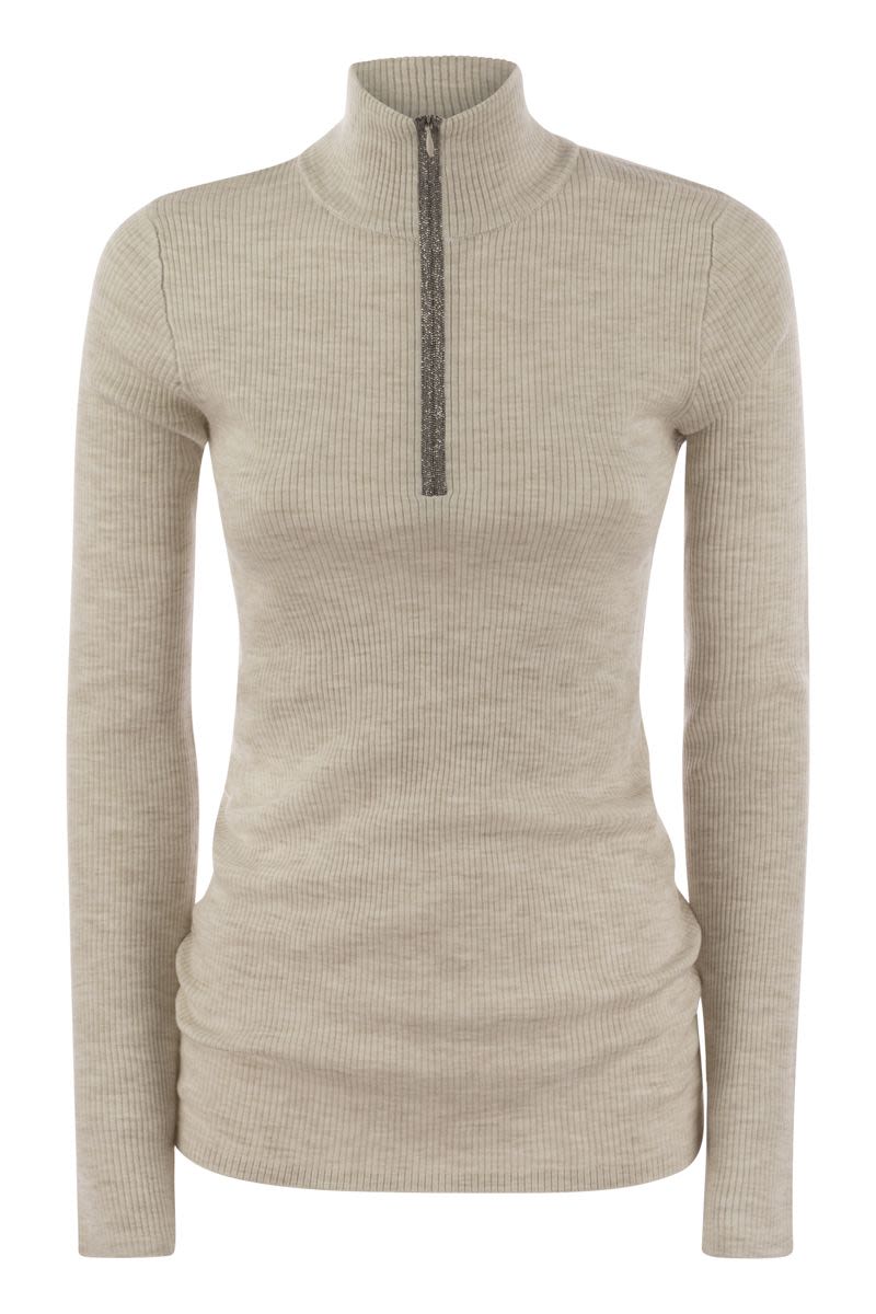 BRUNELLO CUCINELLI Elegant Lightweight Wool-Cashmere Zip Sweater with Jewel Accents