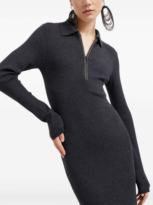 BRUNELLO CUCINELLI Elegant Cashmere-Wool Ribbed Midi Dress with Monili Charm