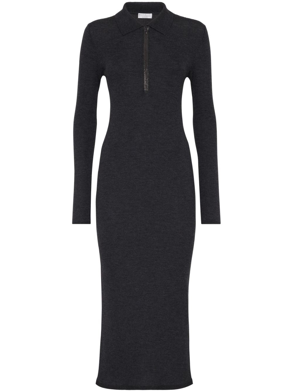 BRUNELLO CUCINELLI Elegant Cashmere-Wool Ribbed Midi Dress with Monili Charm