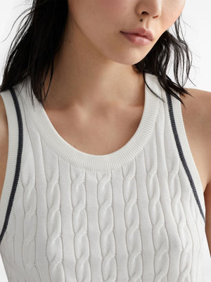 BRUNELLO CUCINELLI White Cotton Sleeveless Sweater with Cable Knit and Contrasting Trim