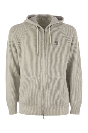 BRUNELLO CUCINELLI Luxury Cashmere Hooded Sweater with English Rib Knit