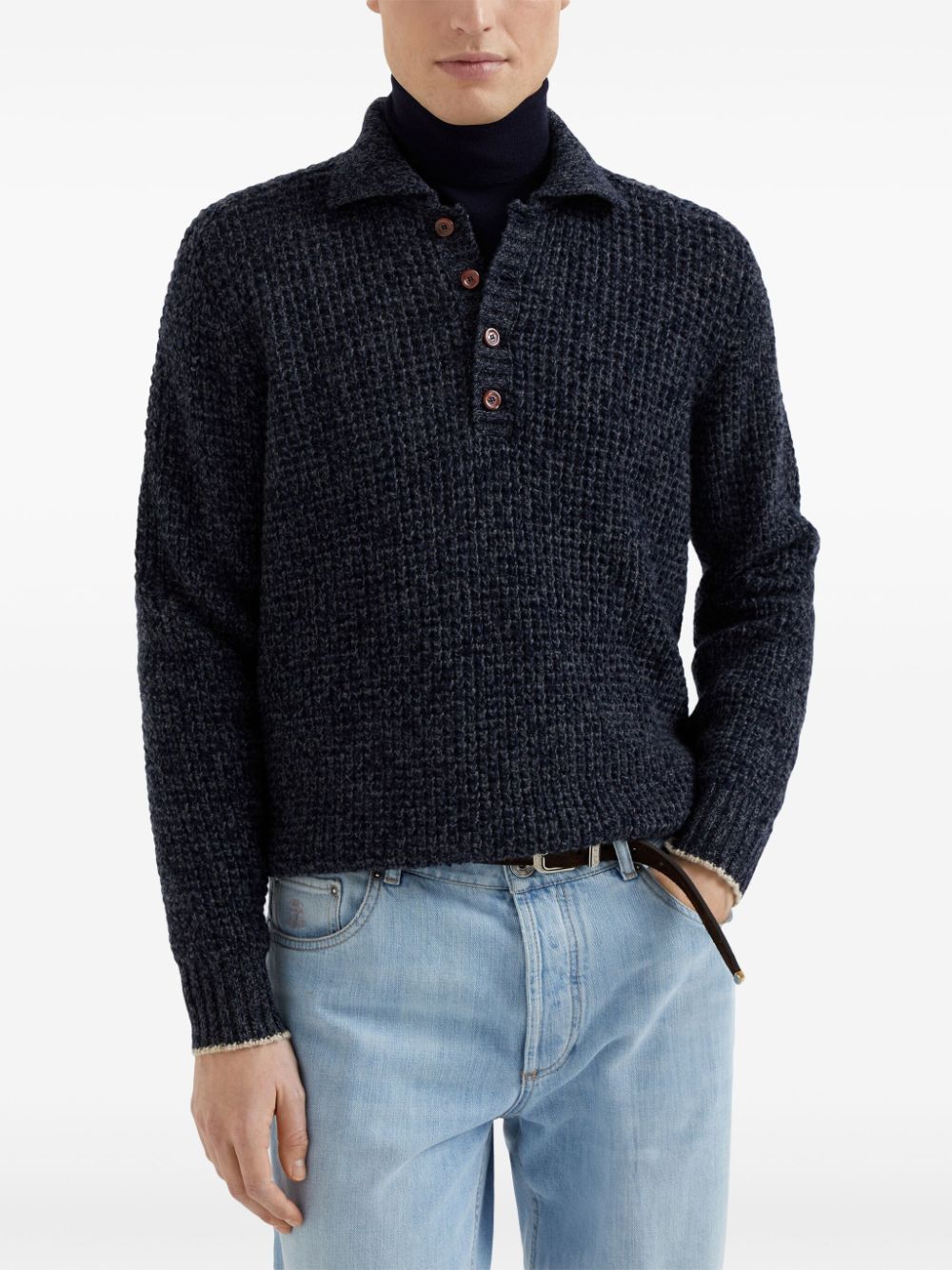 BRUNELLO CUCINELLI Cashmere Blend Knit Polo for Men - Midnight Blue