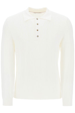 BRUNELLO CUCINELLI White Long-Sleeved Pointelle Knit Polo Shirt for Men