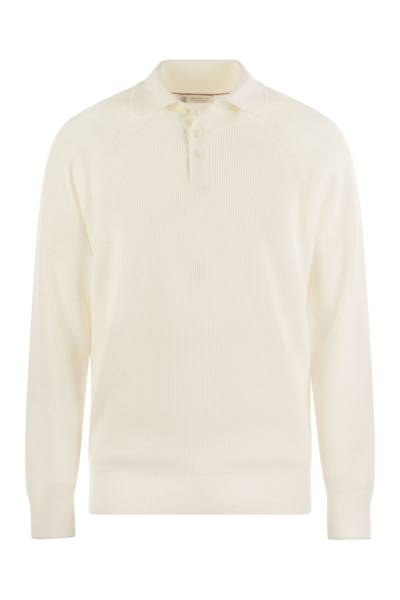 BRUNELLO CUCINELLI Classic Cotton Rib Knit Polo with Long Raglan Sleeves