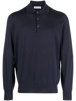 BRUNELLO CUCINELLI Men's Dark Blue Cotton Long Sleeve Polo Neck Sweater