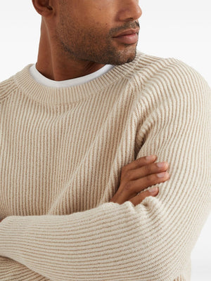 BRUNELLO CUCINELLI Men's Beige Cotton Pullover with English Ribbed Pattern - SS24