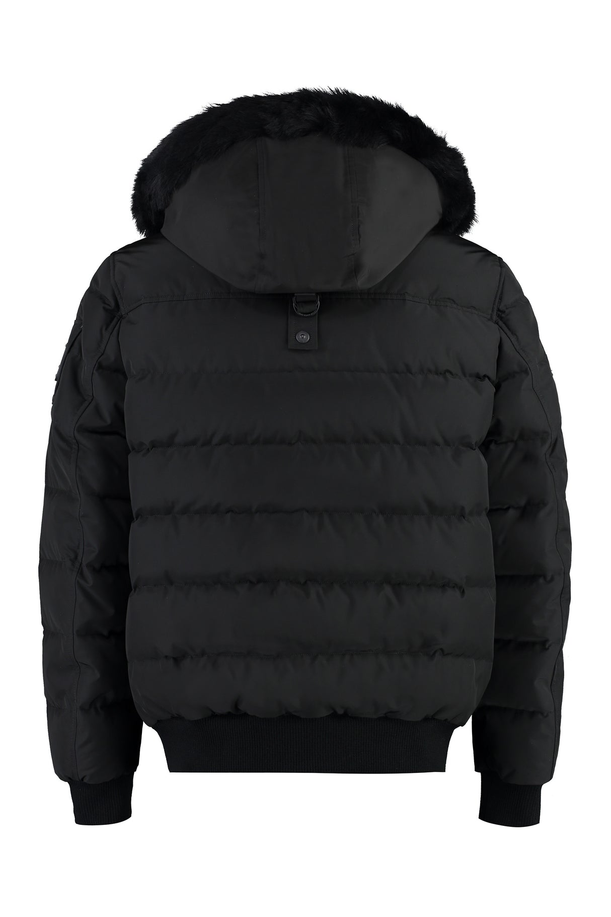 MOOSE KNUCKLES Men's Black Nylon Bomber Jacket with Removable Fur Hood and Ribbed Knit Details