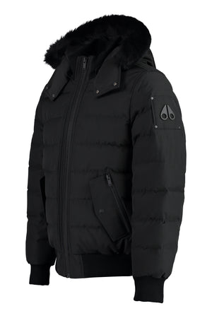 MOOSE KNUCKLES Men's Black Nylon Bomber Jacket with Removable Fur Hood and Ribbed Knit Details