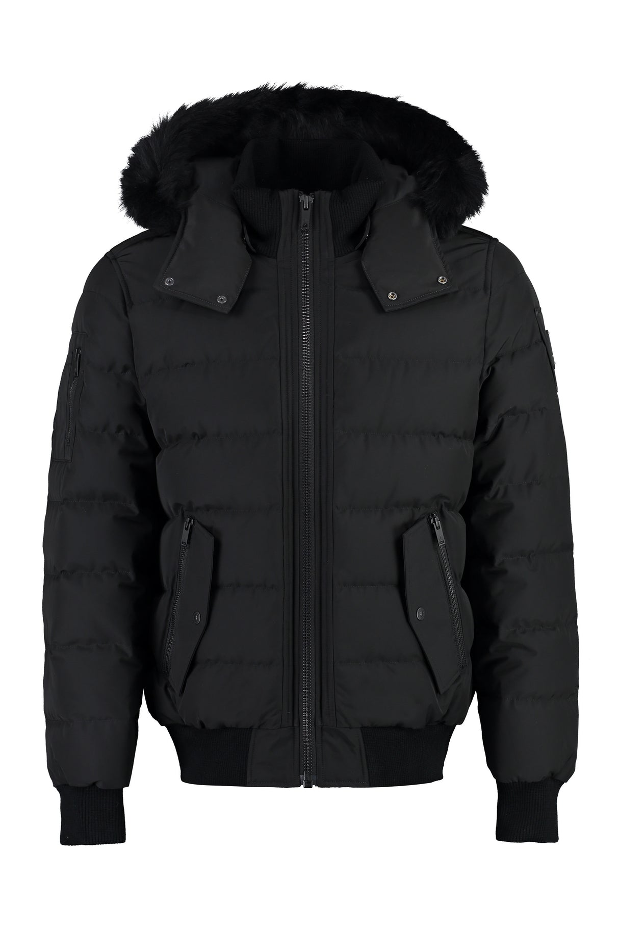 MOOSE KNUCKLES Men's Black Nylon Bomber Jacket with Removable Fur Hood and Ribbed Knit Details