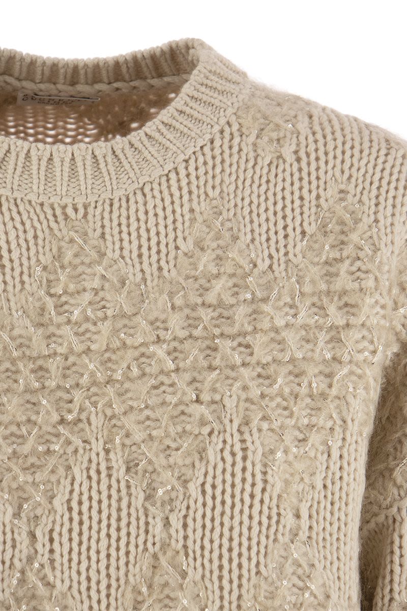 BRUNELLO CUCINELLI Geometric Wool, Cashmere, and Silk Sweater with Sequin Embellishments