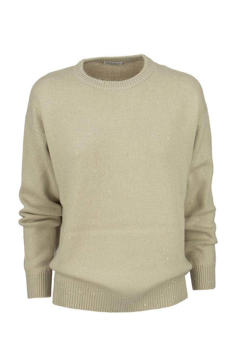 BRUNELLO CUCINELLI Night Blue Cashmere and Silk Crew-Neck Sweater with Sequin Accents