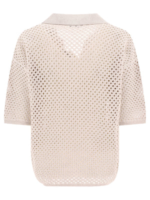 BRUNELLO CUCINELLI Relaxed Fit Open-Knit Polo Shirt for Women - V-Neckline, Ribbed Details, Tan Color - SS24