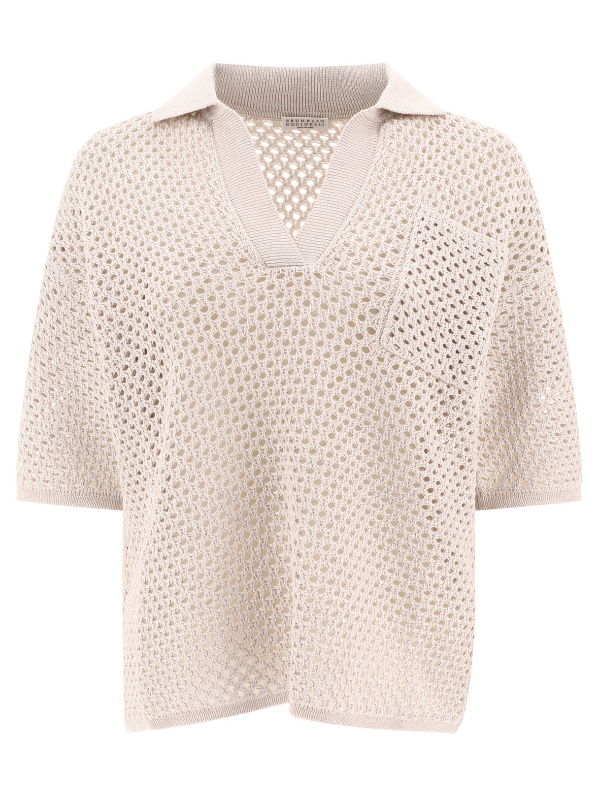 BRUNELLO CUCINELLI Relaxed Fit Open-Knit Polo Shirt for Women - V-Neckline, Ribbed Details, Tan Color - SS24