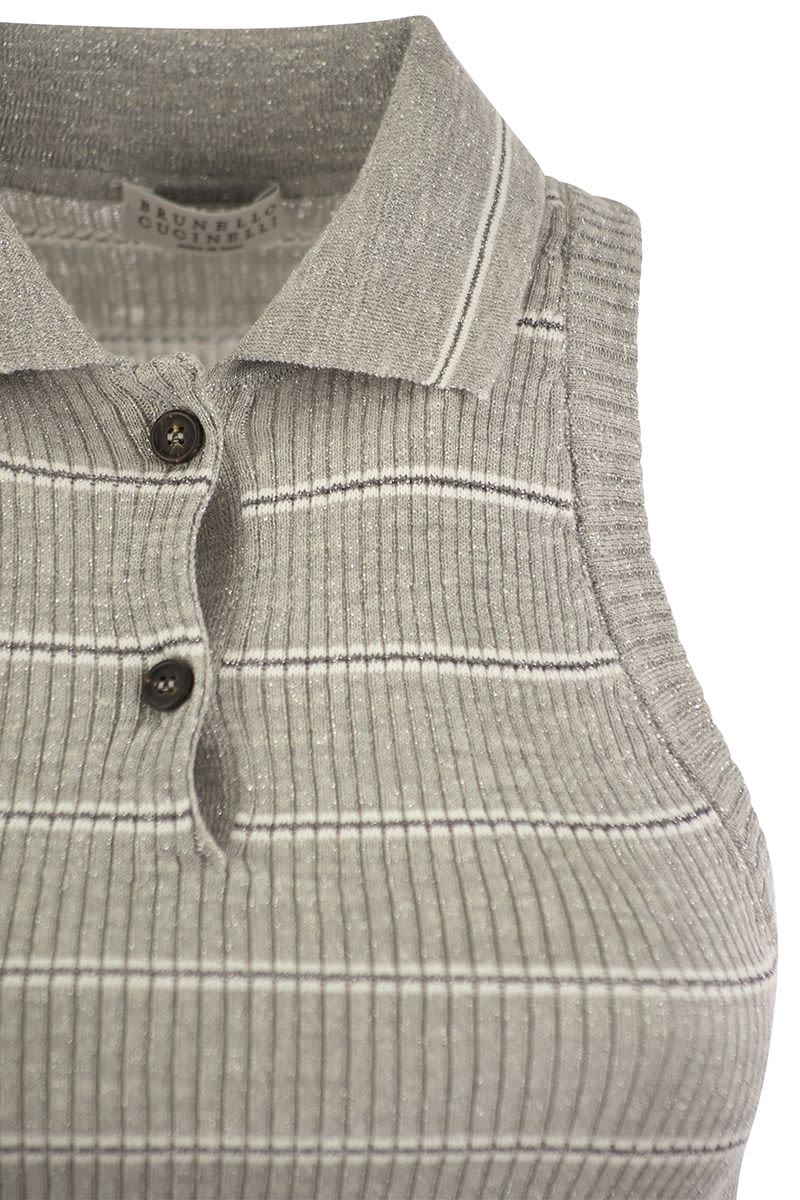 BRUNELLO CUCINELLI Ribbed Sleeveless Polo Shirt - Gray