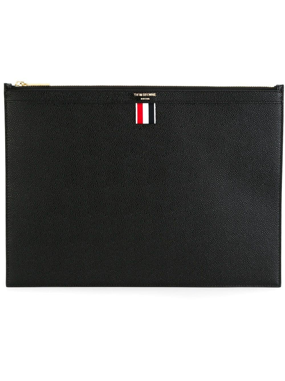 THOM BROWNE Men's Black Pebbled Leather Document Holder with Tri-Color Ribbon Detail, Medium