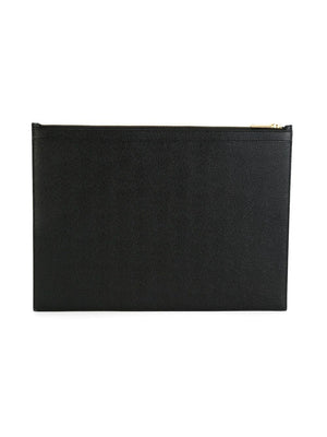 THOM BROWNE Men's Black Pebbled Leather Document Holder with Tri-Color Ribbon Detail, Medium