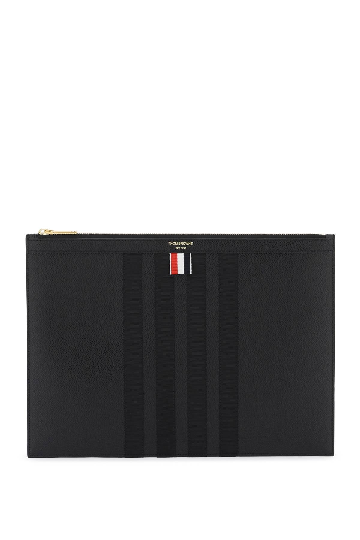 THOM BROWNE Men's Pebbled Leather Medium Document Holder in Black with Tricolor Stripes