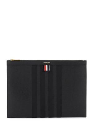 THOM BROWNE Men's Pebbled Leather Medium Document Holder in Black with Tricolor Stripes