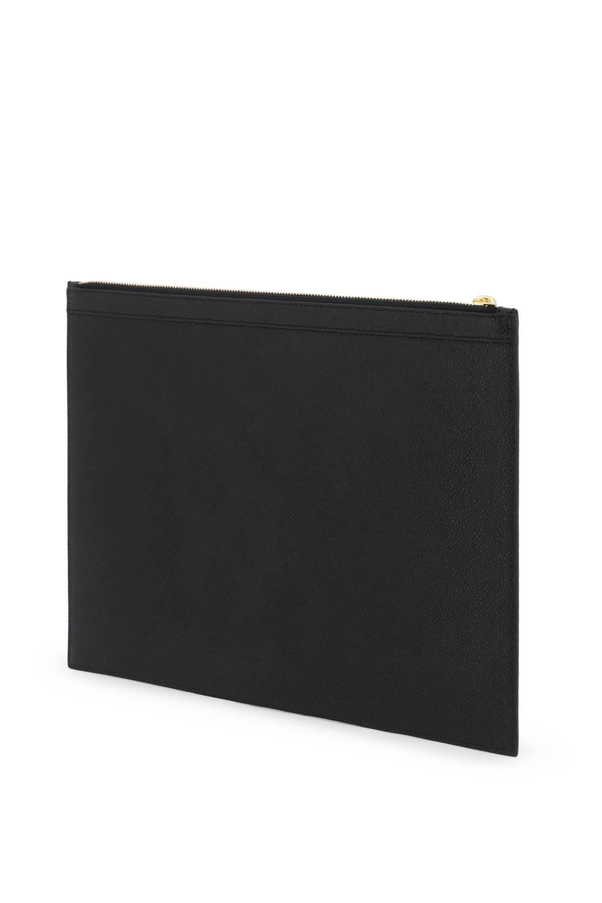 THOM BROWNE Men's Pebbled Leather Medium Document Holder in Black with Tricolor Stripes