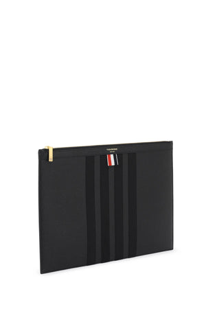 THOM BROWNE Men's Pebbled Leather Medium Document Holder in Black with Tricolor Stripes