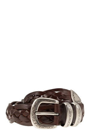 BRUNELLO CUCINELLI Men's Woven Calfskin Belt with Detailed Buckle and Tip - Brown