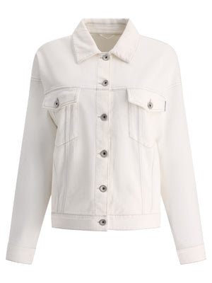 BRUNELLO CUCINELLI White Stretch-Cotton Denim Jacket with Signature Monili Chain Detail for Women - SS24