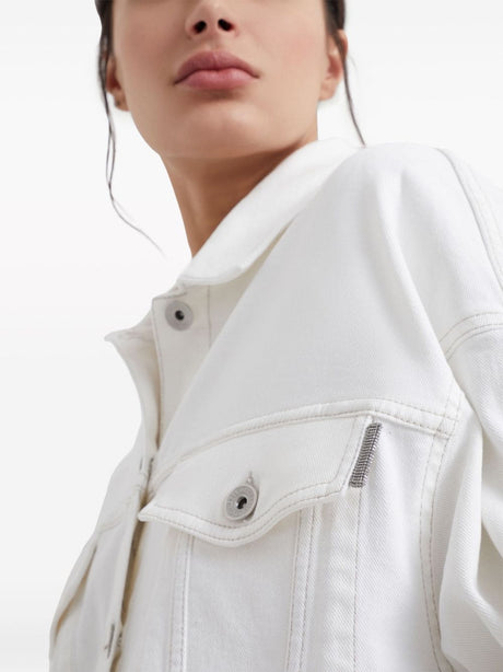 BRUNELLO CUCINELLI White Stretch-Cotton Denim Jacket with Signature Monili Chain Detail for Women - SS24